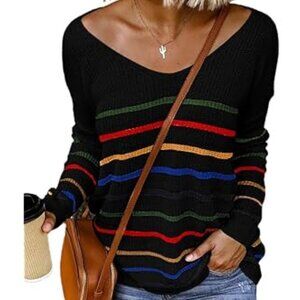 Black & Rainbow-striped V-Neck, offshoulder, Long Sleeve. Knit. Pullover Sweater
